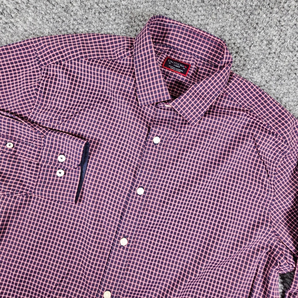 UNTUCKit Performance Long Sleeve Button Down Shirt Navy Red Micro Check Stretch